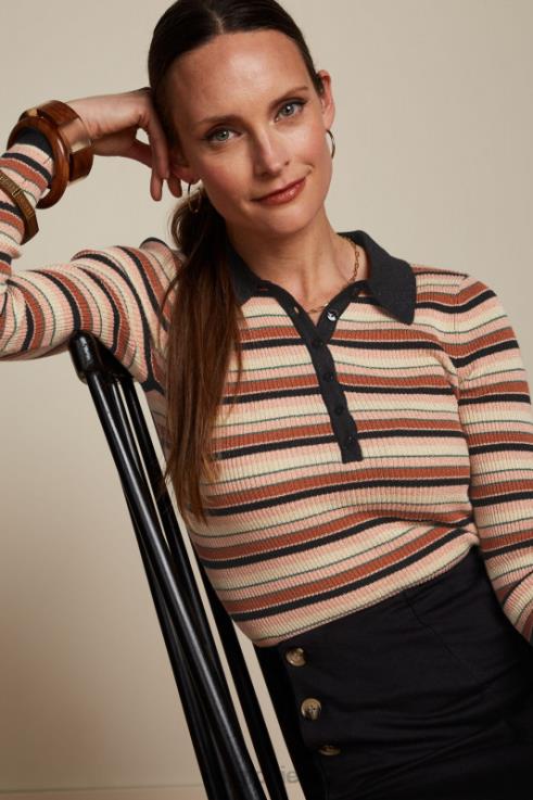 Apparel GB King Louie Women Polo Rib Top Lapis Stripe Black 2JFL662