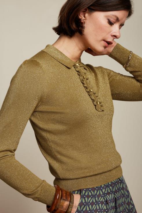 Apparel GB King Louie Women Polo Rufffle Top Lapis Golden Brown 2JFL665