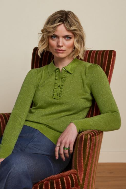 Apparel GB King Louie Women Polo Rufffle Top Lapis Woodbine Green 2JFL668